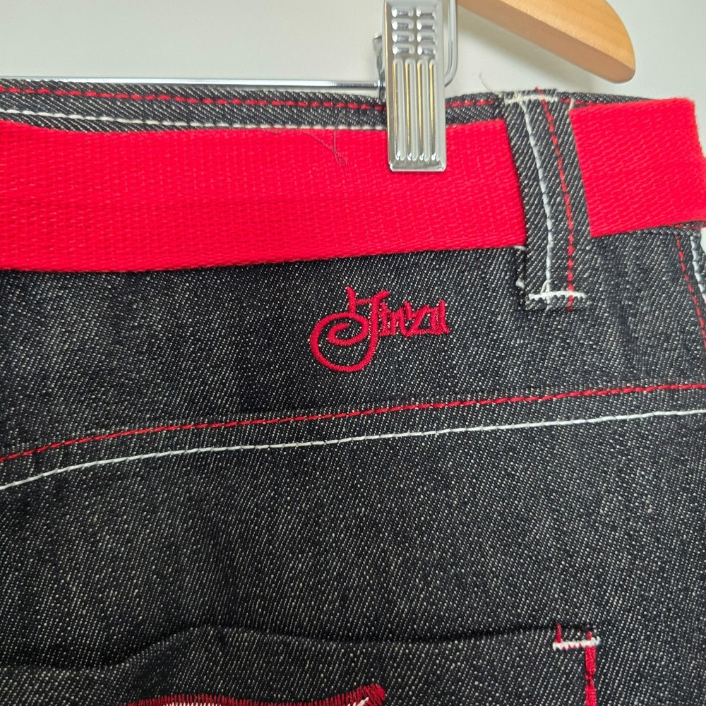Vintage Y2K Jinzu Mens Baggy Hip Hop Punk Jeans Size 38x32 Black Rigid Red Cross - Picture 4 of 10